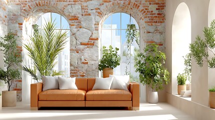 Bright Abstract Interior with Exposed Brick Walls and Cozy Sofa in Stylish Loft