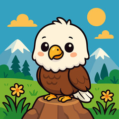 Cute Cartoon Bald Eagle Vector Illustration in Mountain Landscape