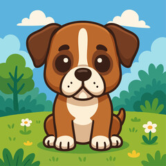 Cute Boxer Puppy Cartoon Illustration in Nature Scene
