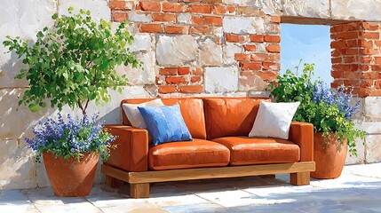 Abstract Painting of Loft Interior with Exposed Brick and Stylish Furniture