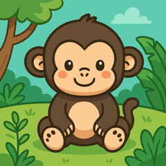 Cute Cartoon Chimpanzee Vector Illustration in Jungle Setting