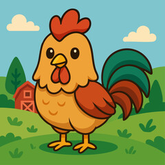 Cute Cartoon Rooster Vector Illustration on a Farm Landscape