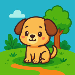 Cute Cartoon Puppy Vector Illustration in a Nature Scene