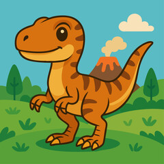Cute cartoon velociraptor illustration in prehistoric landscape with volcano