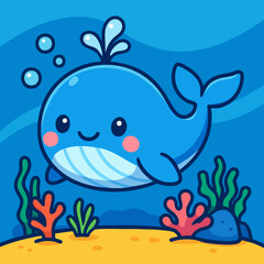 Cute Cartoon Whale Vector Illustration Under the Sea