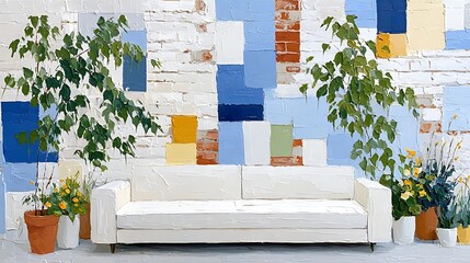 Abstract Loft Interior with White Sofa and Colorful Brick Wall Art