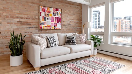 Modern Abstract Painting in Stylish Loft Interior with Bright Light and Cozy Sofa