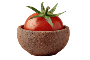 Tomato jewel glistening dew drops fresh harvest garden delight vibrant red earth tone bowl vegan