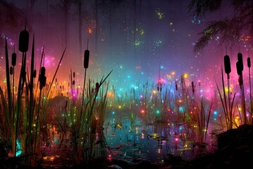 Obraz premium Mystical, glowing marsh at night