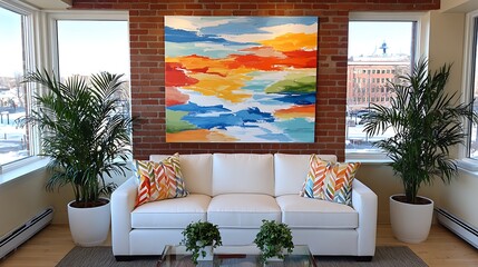 Abstract Loft Interior with Bright Painting and Light Sofa in Modern Space