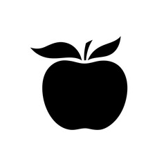 An apple with a leaf, a simple black silhouette isolated on a white background, graphic vector illustration, flat design. Delicious fresh fruit, icon, logo for decoration, design, cover, label