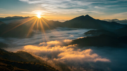 Dramatic Sunrise Over Misty Mountain Range