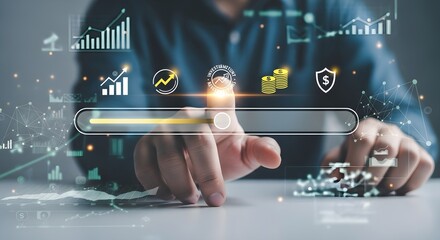 A person interacts with a digital search bar overlaid with financial and business icons, suggesting data analysis or financial planning.