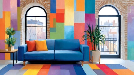 Vibrant Abstract Interior Design with Colorful Walls and Spacious Loft Room