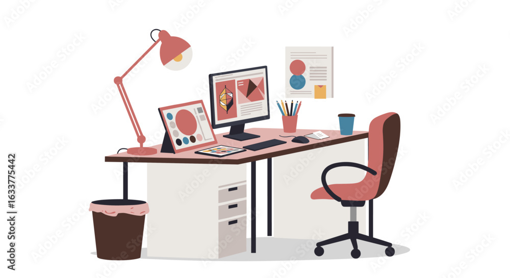 Poster modern workspace with computer and desk accessories in flat design