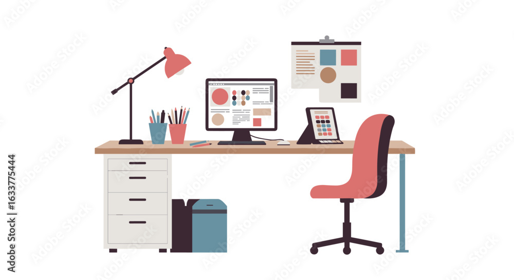 Poster modern workspace with desktop and lamp in minimalist style
