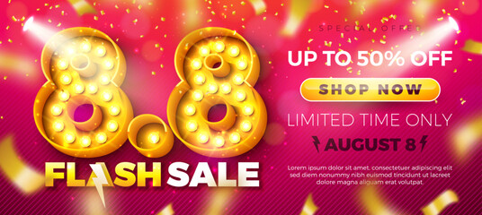 Flash Sale Shopping Day Banner Design with 3d 8.8 Light Bulb Billboard Number and Typography Lettering on Red Falling Confetti Background. Vector 8 August Special Offer Illustration for Coupon