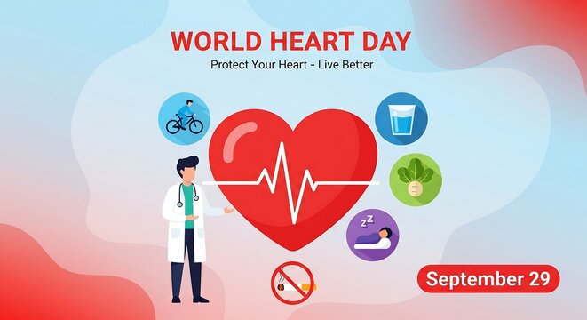 World heart day illustration with doctor and healthy lifestyle icons promoting heart health awareness
