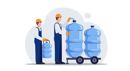Workers handling large water containers in flat style