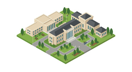 Isometric university campus with modern buildings and green spaces