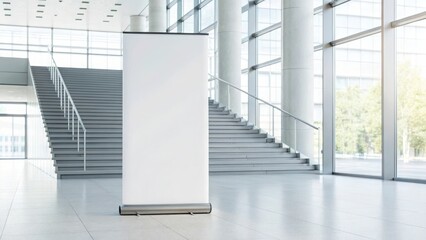 Modern rollup banner stand in a bright, contemporary building lobby with a staircase