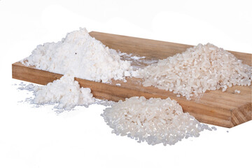 rice and flour on the wooden board