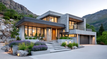 Modern Luxury Home with Concrete and Stone Details Surrounded by Prairie Landscape