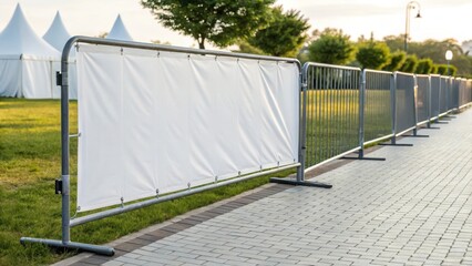 Outdoor metal crowd control barrier with a blank white banner for advertising or information