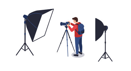 Photographer with camera and lighting equipment in studio isometric design