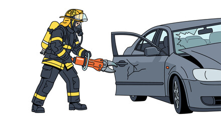 A firefighter in full gear uses hydraulic rescue tools to extricate a victim from a wrecked car, emphasizing emergency rescue and safety.