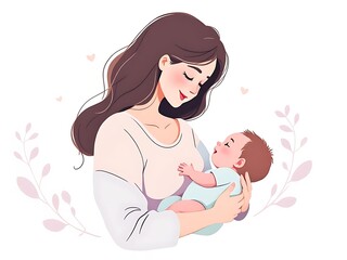 Obraz premium Modern vector illustration of a mother breastfeeding her baby with soft colors and minimal style, perfect for health campaigns, parenting blogs, and awareness materials