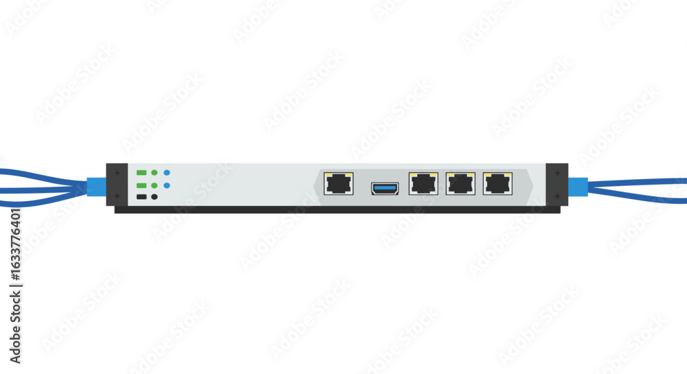 Poster network switch with ethernet cables connected in flat design