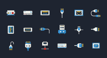 Collection of colorful network cable icons and plugs set on dark background