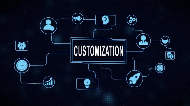 Animated digital customization concept with connected icons and technological network background
