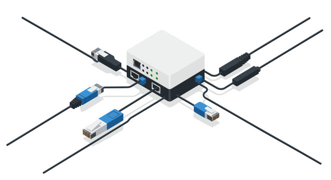 Isometric router with connected network cables and ports in a technology setup