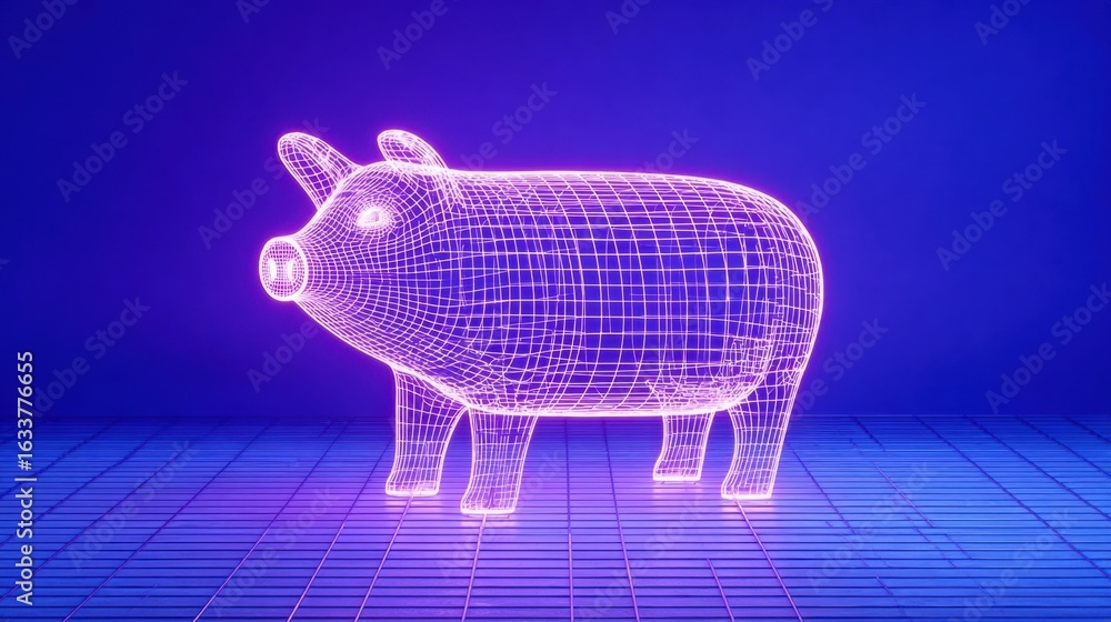 Poster 3d wireframe model of a pig illuminated with neon colors on a grid background, showcasing a futurist