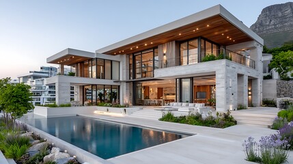 Modern Luxury Home with Cantilevered Design and Concrete Stone Elements in Prairie Setting