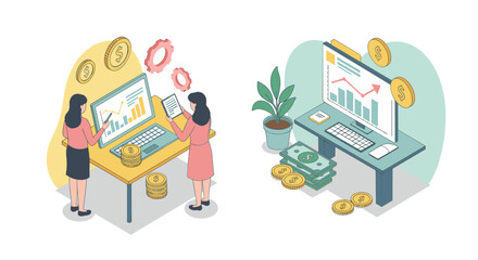 Isometric business analytics and finance with women analyzing data on computers