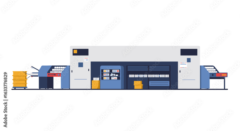 Aufkleber modern printing machine in a flat design with paper stacks and control panels