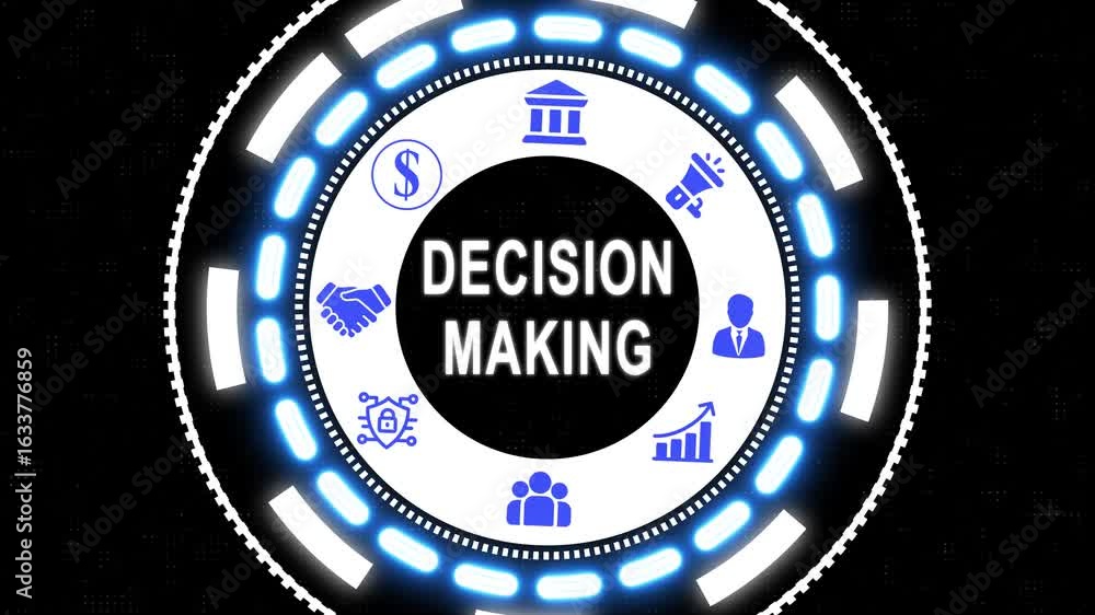 Poster futuristic decision making concept illustrated with icons in a circular animated interface