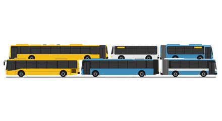 Flat urban bus set featuring various color designs for public transport themes