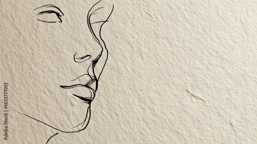 Poster monochrome minimalist line drawing of a face on a textured cream background with an empty upper zone
