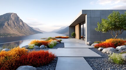 Modern Luxury Prairie Home with Concrete Pathways and Scenic Mountain Views