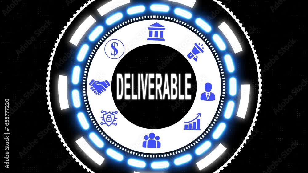 Aufkleber animated graphic of deliverable concepts represented with icons and circular motion on a black backg
