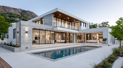Modern Luxury Home with Concrete and Stone Elements Overlooking a Prairie Landscape