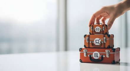 Close-up of a hand stacking miniature suitcases with QR codes, representing modern travel planning and digital technology