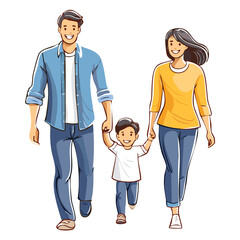 Happy Family Walking Together Black Silhouette on White Background.