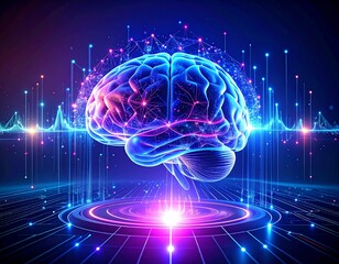 Digital brain hologram floats above a luminous platform, representing artificial intelligence, neural networks, and futuristic technology.