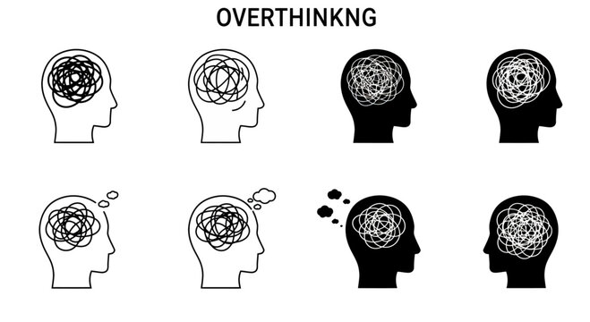 Minimalistic flat vector of a head filled with tangled thoughts, symbolizing overthinking