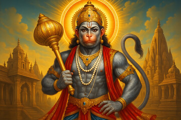 Powerful Hanuman Standing with Golden Mace in Front of Ancient Indian Temple Architecture